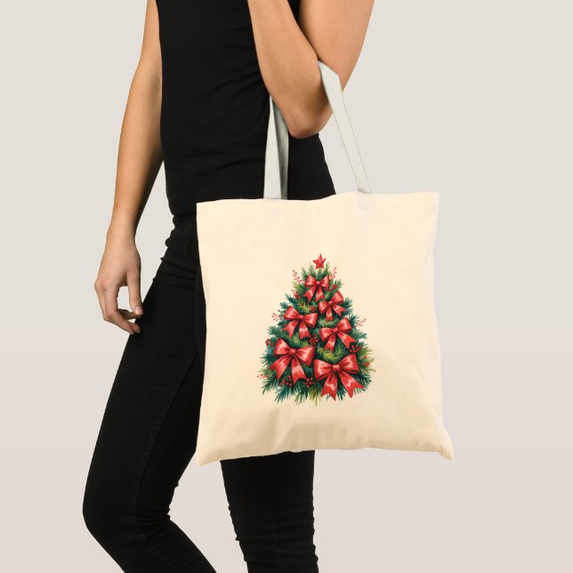 Bolsa Tote Christmas Tree With Red Bows Holiday Festive (Frente (produto))