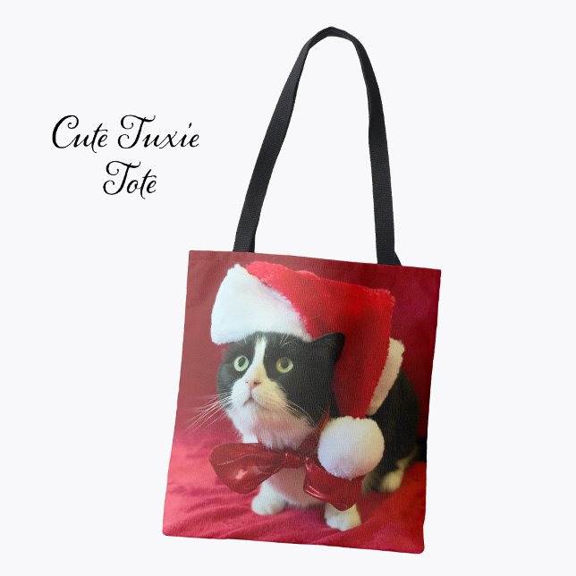 Bolsa Tote Christmas Tuxedo Cat in Santa Hat (Criador carregado)