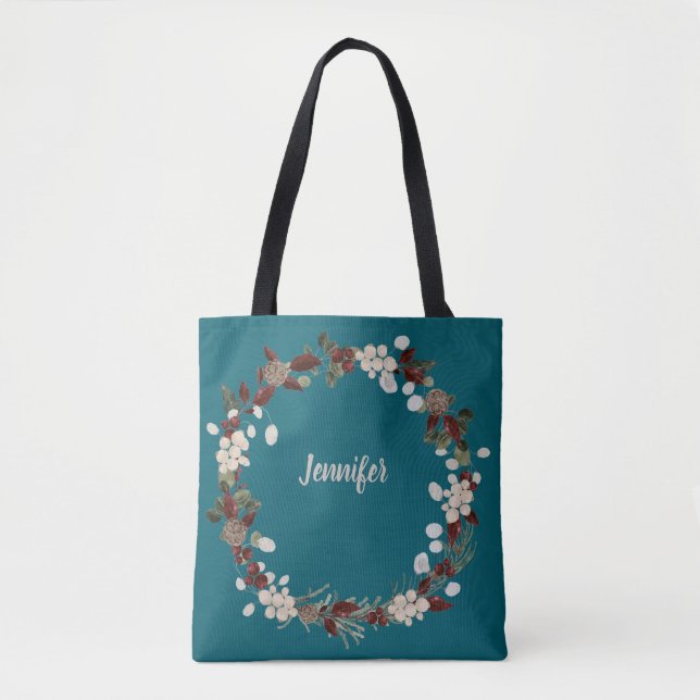 Bolsa Tote Christmas wreath on a rich teal named (Frente)
