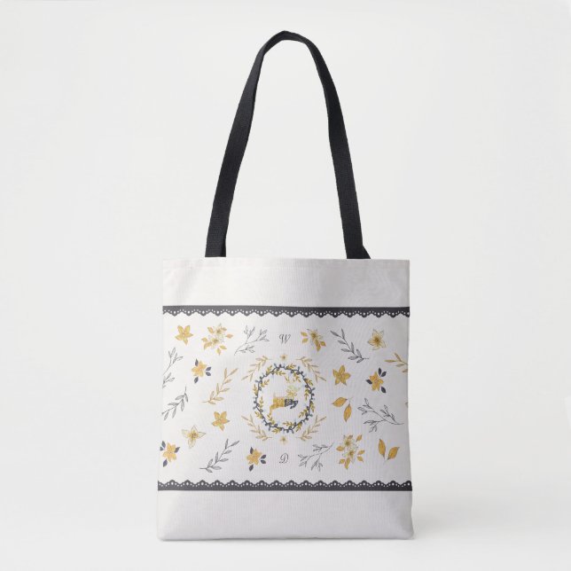 Bolsa Tote Christmastime Deer Yellow Cream Floral Blue (Frente)