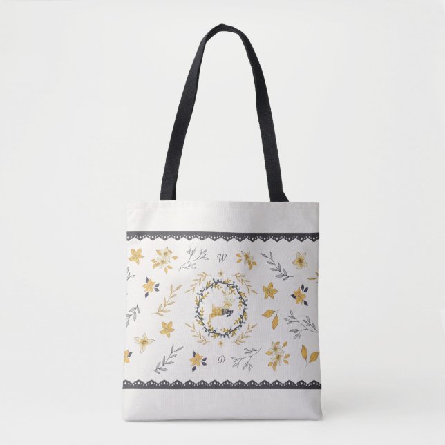 Bolsa Tote Christmastime Deer Yellow Cream Floral Blue (Frente)
