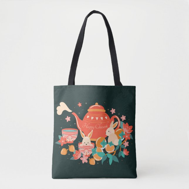 Bolsa Tote Chuseok - Médio do outono - Bule e coelhinhos (Frente)