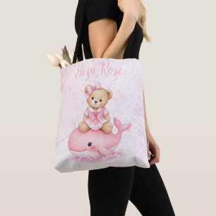 Bolsa Tote Chuva de Bebê Menina com Urso Teddy Rosa em Cima d
