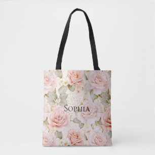 Bolsa Tote Chuveiro de Noiva Floral Rosas Rosa Bege Creme