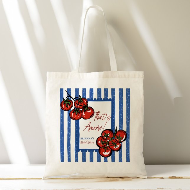 Bolsa Tote Ciao bella tomato Italian bridal shower favor gift (Ciao bella that's amore tomato blue stripes Italian bridal shower favor gifts personalized Tote Bag)
