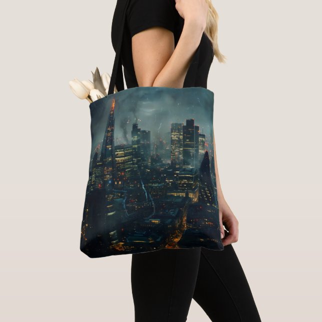 Bolsa Tote Cidade de Tempestade Futurística Escura (Close Up)