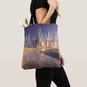 Bolsa Tote Cidade Futurista de Ficção Científica Refletida na