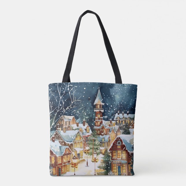 Bolsa Tote Cidade ilustrativa de Natal na neve (Verso)