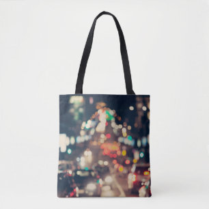 Bolsa Tote Cidade Noturna: Luzes Desfocadas Retro.