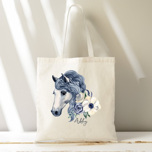 Bolsa Tote Cinza azul com nome personalizado das flores (Grey blue horse with flowers personalized name tote bag)