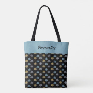 Bolsa Tote Cinza Azul Yoga Lotus Flower Dourada Personalizada