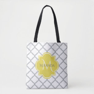 Bolsa Tote Cinza Branca Quatrefoil Amarelo Nome Monograma