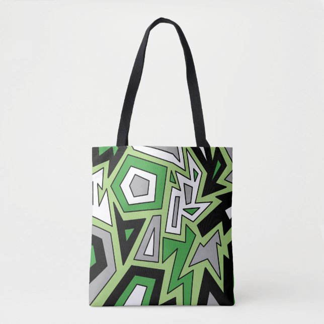 Bolsa Tote Cinza Branco Verde Preto Aro Geométrico Abstrato (Frente)