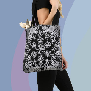 Bolsa Tote Cinza de Flor Dot Mandala e Preto