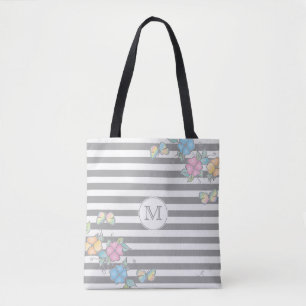Bolsa Tote Cinza De Monograma Floral Com Banho