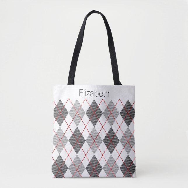 Bolsa Tote Cinza de nome personalizado Black Red Argyle branc (Frente)