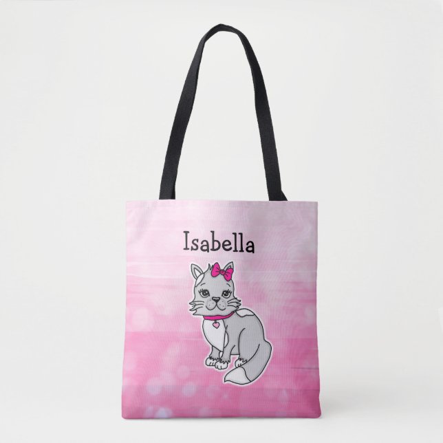 Bolsa Tote Cinza e Gato Branco, Rosa Personalizado (Frente)