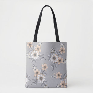 Bolsa Tote cinza e padrão de flor branca no fundo da cinza