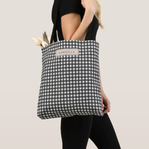 Bolsa Tote Cinza Negra Bonita Gingham, Xadrez Personalizada