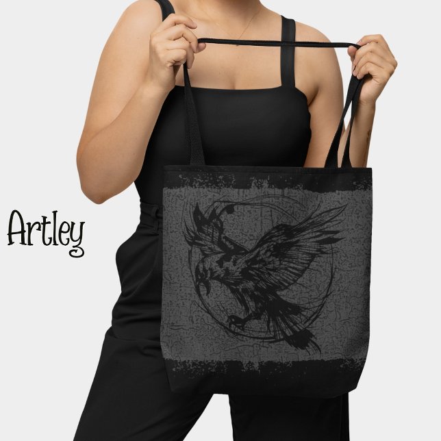 Bolsa Tote Cinza Negra Grunge Raven Gothic Tattoo Art (Criador carregado)