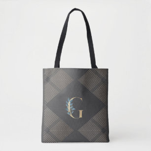 Bolsa Tote Cinza Personalizada Folha de Ouro Monograma Geomé