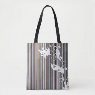 Bolsa Tote Cinza Pinstripe e Design Floral