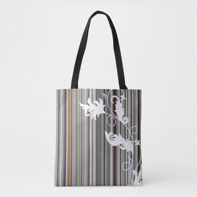 Bolsa Tote Cinza Pinstripe e Design Floral (Frente)