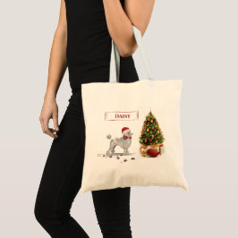 Bolsa Tote Cinza Poodle Engraçado Cachorro de Natal com Árvor