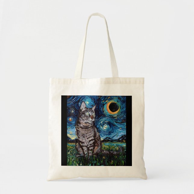 Bolsa Tote Cinza por Tiger Cat Starry Night Moon e Stars A (Frente)