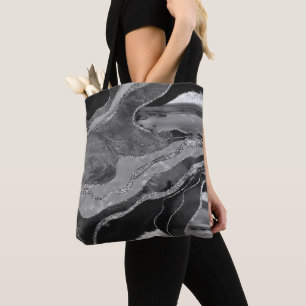 Bolsa Tote Cinza Preto Marble Agate Silver Glitter Glam