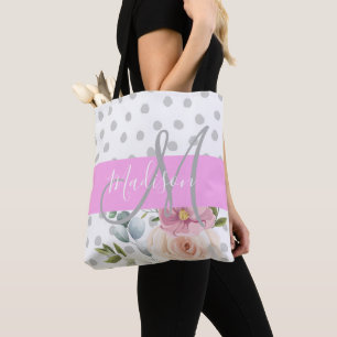 Bolsa Tote Cinza Rosa Branco Floral Chic & Girly Nome do Mono