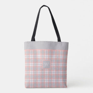 Bolsa Tote Cinza Rosa Suave Monograma Gingham Girly Xadrez