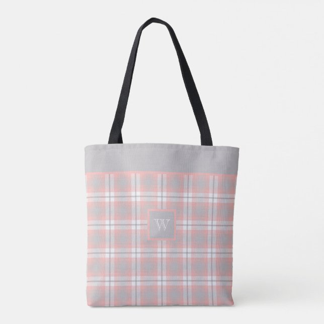 Bolsa Tote Cinza Rosa Suave Monograma Gingham Girly Xadrez (Verso)