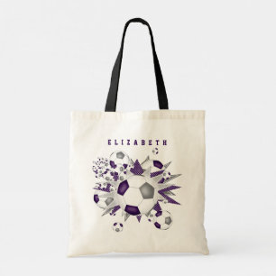 Bolsa Tote cinza roxa bola de futebol nome das garotas