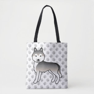 Bolsa Tote Cinza Siberian Husky Cartoon Dog & Paws