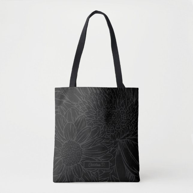 Bolsa Tote Cinza sobre Preto com Nome e Crisântemos (Frente)