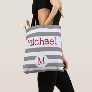 Bolsa Tote Cinza Stripe Firecaminhão Trendy Monograma Inicial