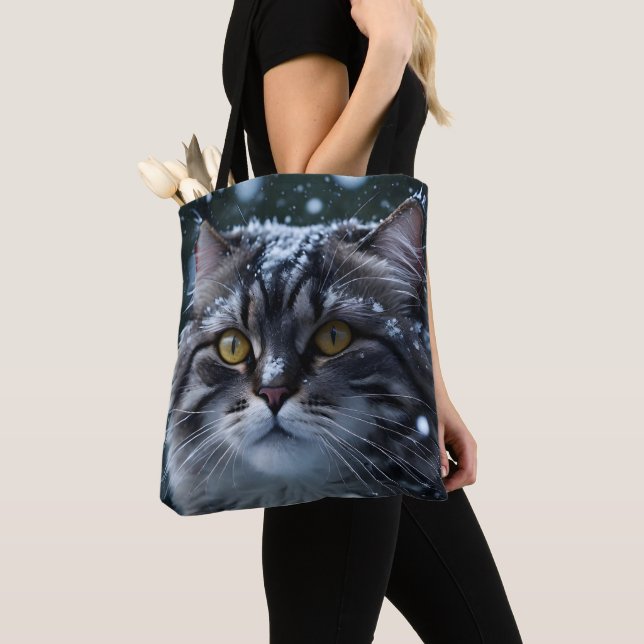 Bolsa Tote Cinza Tabby Cat em Snowstorm (Close Up)
