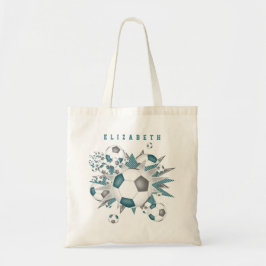 Bolsa Tote cinza teal bolas de futebol estrelas nomes garotas