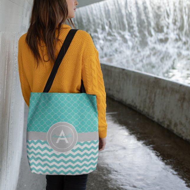 Bolsa Tote Cinza Teal Chevron Quatrefoil (Criador carregado)