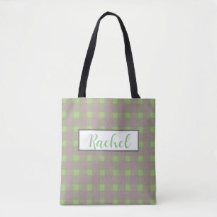 Bolsa Tote Cinza Verde Gingham Personalizado
