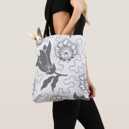 Bolsa Tote Cinza Vintage Padrão Floral Grande Branco