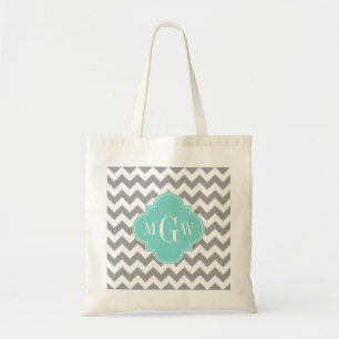 Bolsa Tote Cinza Whevron Aqua Quatrefoil 3 Monograma