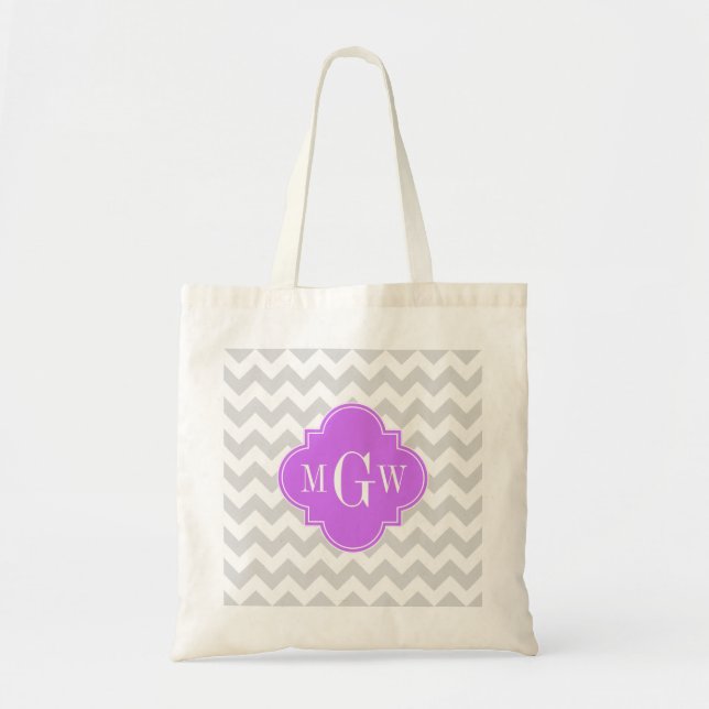 Bolsa Tote Cinza Wht Chevron Lilac Quatrefoil 3 Monograma (Frente)