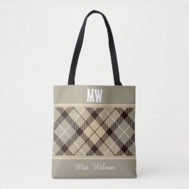 Bolsa Tote Cinza Xadrez Tartan Nome personalizado Monograma P