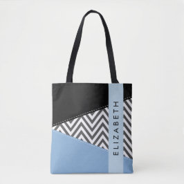 Bolsa Tote Cinza Zigzag, Cinza Chevron, Azul, Seu Nome