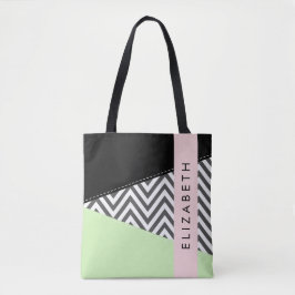 Bolsa Tote Cinza Zigzag, Cinza Chevron, Mint, Seu Nome