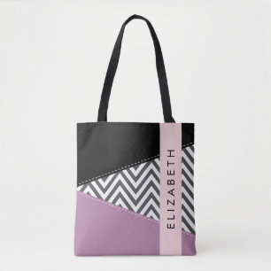 Bolsa Tote Cinza Zigzag, Cinza Chevron, Purple, Seu Nome