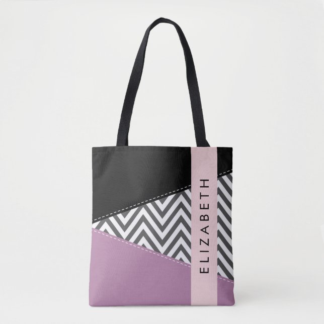 Bolsa Tote Cinza Zigzag, Cinza Chevron, Purple, Seu Nome (Frente)