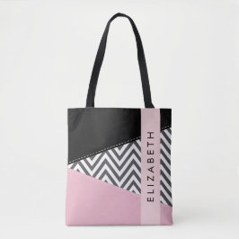 Bolsa Tote Cinza Zigzag, Cinza Chevron, Rosa, Seu Nome